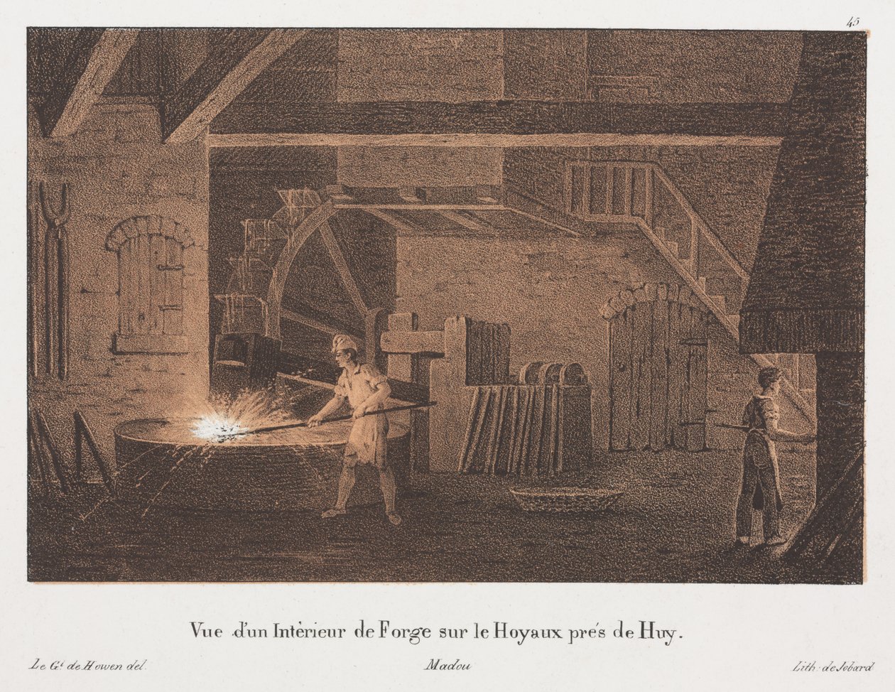 A belgiumi Huy melletti kovácsműhely belseje, Jean-Baptiste Jobard (1792-1861) metszete (színezett litó) alkotó: Anton de after Howen