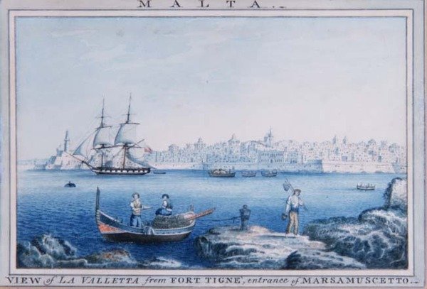 Málta: La Valletta kilátása a Fort Tigne-ből, a Marsamuscetto bejárata (akvarell) alkotó: Anton the Younger (circle) Schranz