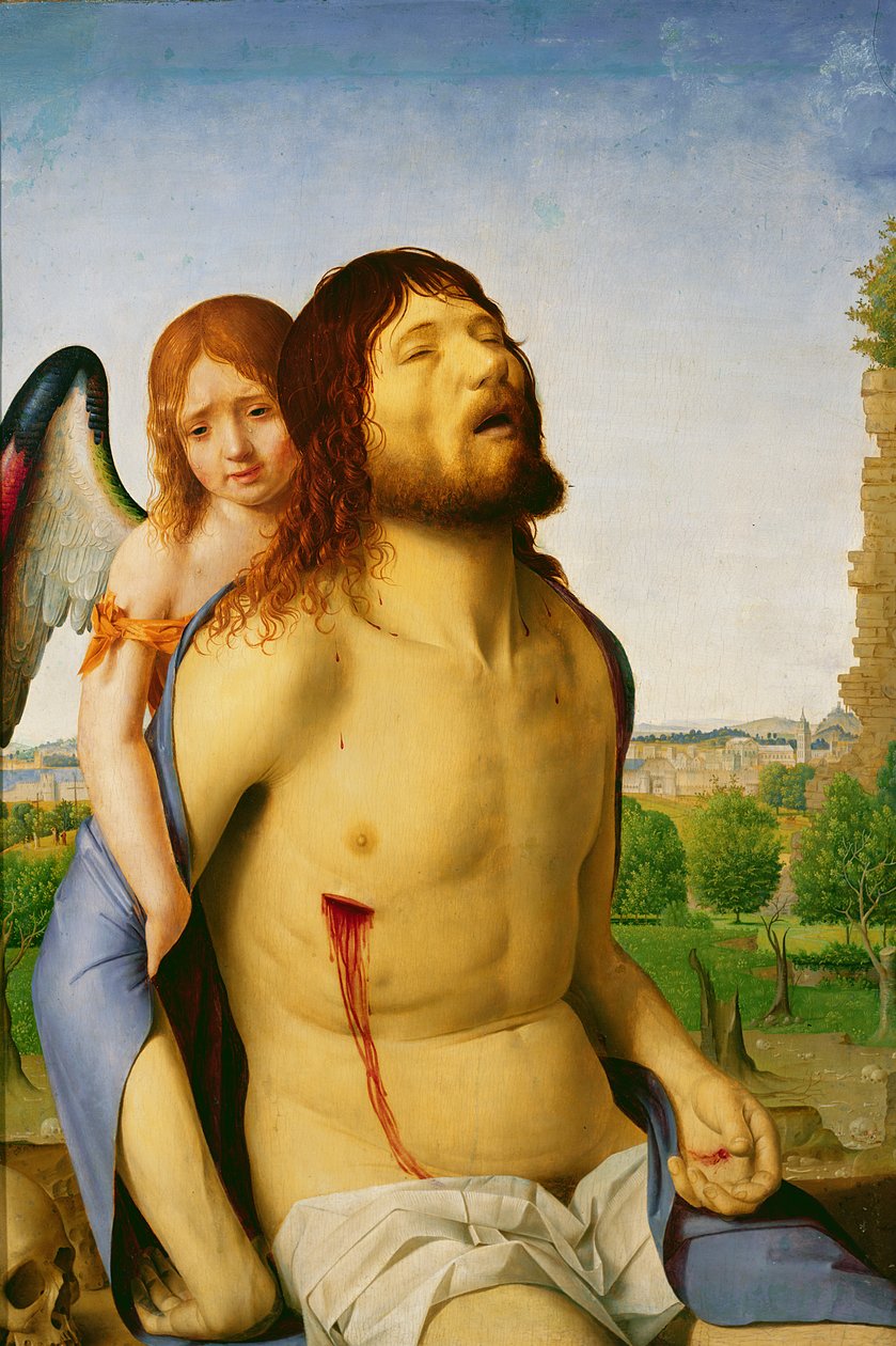A halott Krisztus egy angyal támogatásával, 147578 körül alkotó: Antonello da Messina