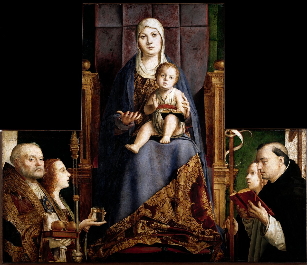 San Cassiano oltárképe: „” Szűz és gyermek, Myrai vagy Bari Szent Miklós (270-345), Mária Magdolna, Szent Orsolya és Szent Dominika körülvéve”” Antonello da Messina (kb. 1430-1479) fafestménye 1475- 1476 Bécsi Kunsthistorisches Museum alkotó: Antonello da Messina