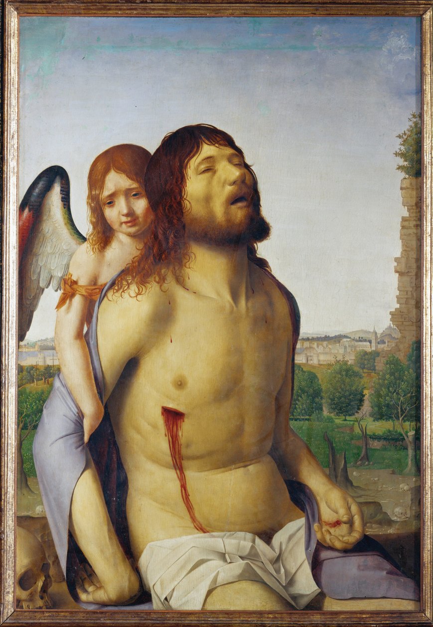 Halott Krisztus egy angyal által támogatva (festmény, fa) alkotó: Antonello da Messina