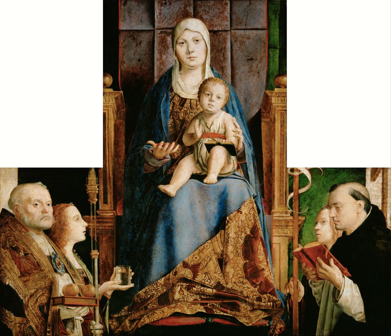 Német: Mária a gyermekkel és Barsi Szent Miklós, Anasztázia (), Ursula, Dominikánus és (a keret által átfedve) Helena San Cassiano oltárképe alkotó: Antonello da Messina