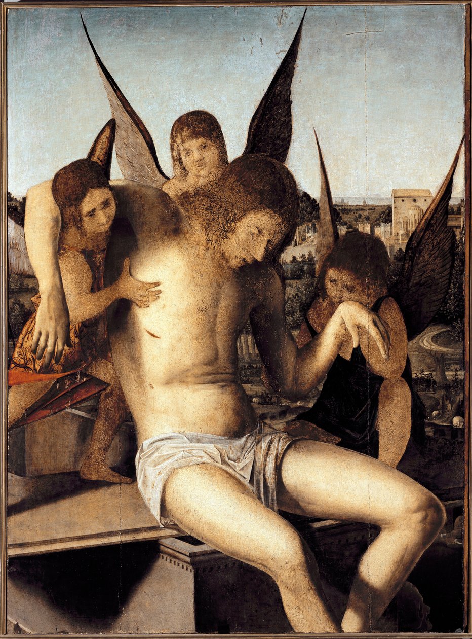 Pieta három angyallal A halott Krisztus három angyal támogatásával a sírján Antonello di Antonio festménye dit Antonello da Messina (1430-1479) 1475 Méret 145* 85 cm Velence Museo Correr alkotó: Antonello da Messina