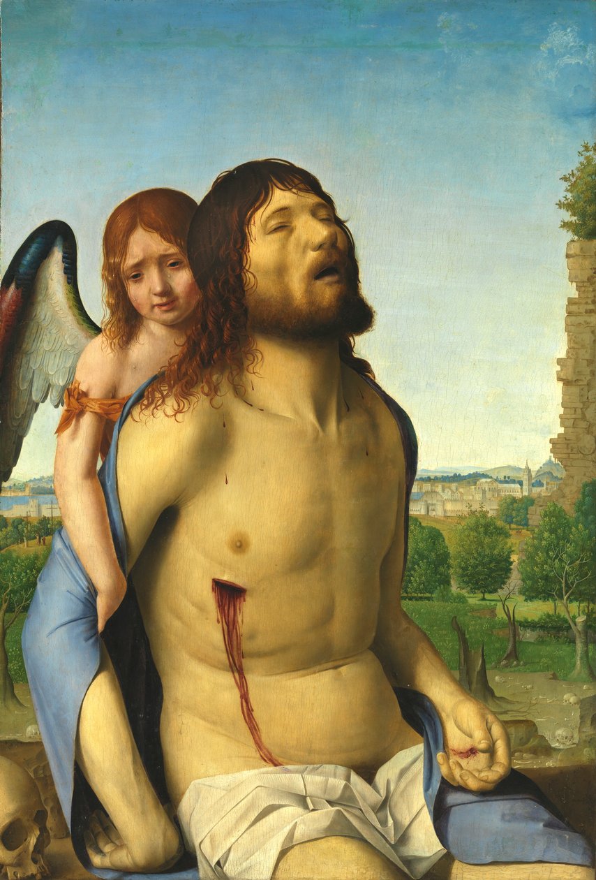 A halott Krisztus, akit egy angyal támogat alkotó: Antonello da Messina