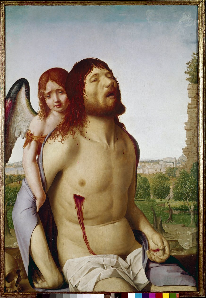 A halott Krisztust egy angyal támogatta. (olaj a panelen alkotó: Antonello da Messina