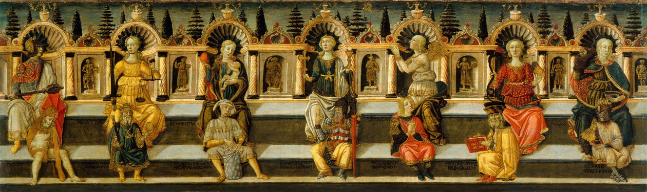 A hét erény - Antonfrancesco (Anton Francesco) Guidi munkája, Scheggia (1441-1476), tempera fán (49,8x159,3 cm), 1467-1469 körül - A hét erény, Antonfrancesco (Anton Francesco) tempera panelen Guidi Scheggiának hívta, körülbelül 1467-1469 - M alkotó: Antonfrancesco dello Scheggia