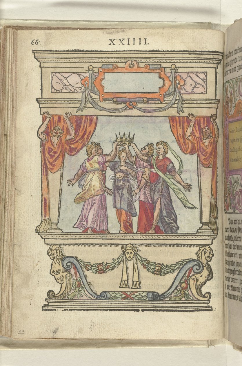 Színpad, amelyben a dicsőség, a fenség, a nagylelkűség, a nagyszerűség és a szerénység megszemélyesítői együtt tartják a koronát, 1578 alkotó: Antoni van Leest