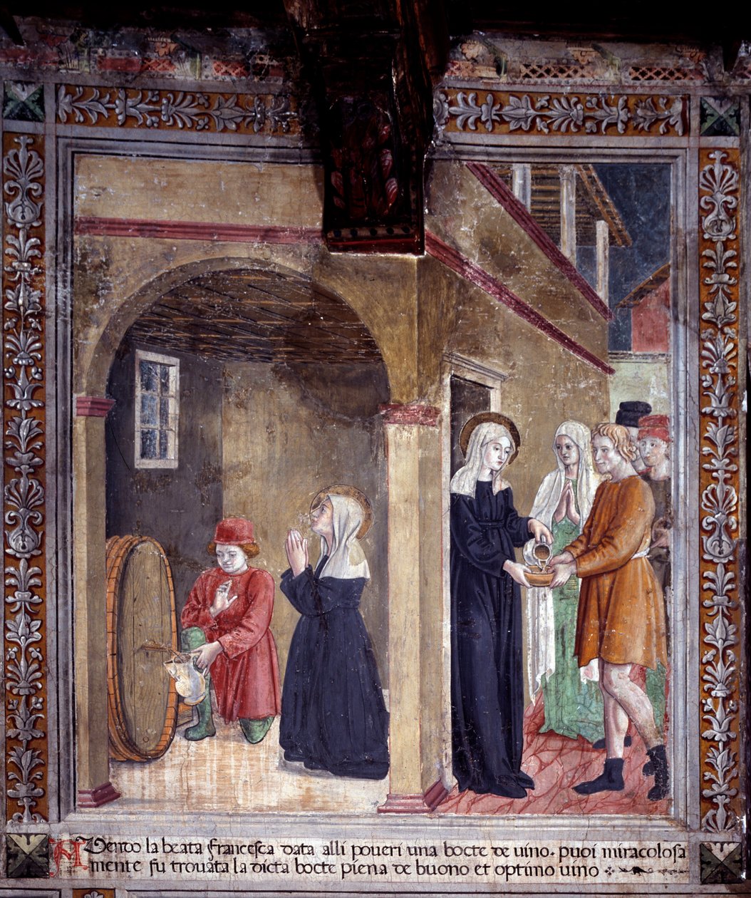 Szent Francesca Romana élete: Csodálatosan megtelt egy hordó bor, amelyet a szent használt a szegények számára (Fresco alkotó: Antoniazzo Romano
