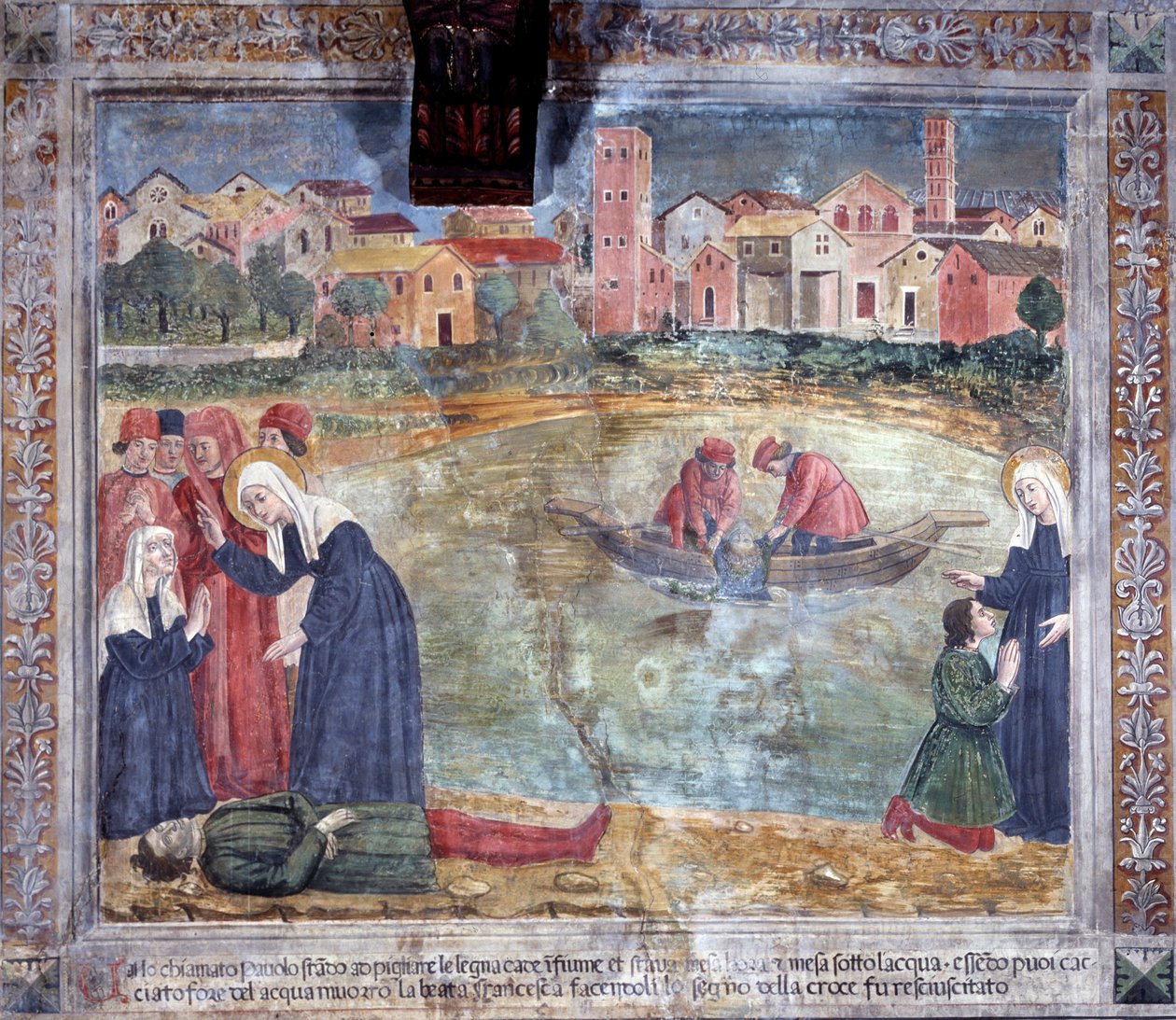Szent Francesca Romana élete: A szent feltámad egy embert, miután megfulladt a Tiberisben (Freskó alkotó: Antoniazzo Romano