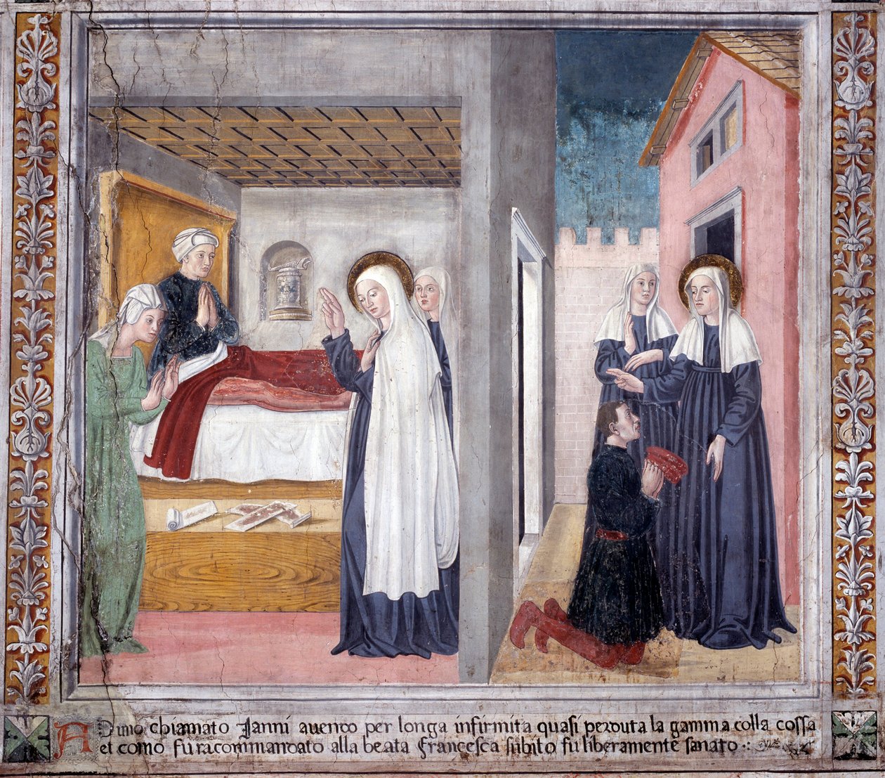 Szent Francesca Romana élete: A szent meggyógyít egy embert, aki elvesztette a lábát (Freskó alkotó: Antoniazzo Romano