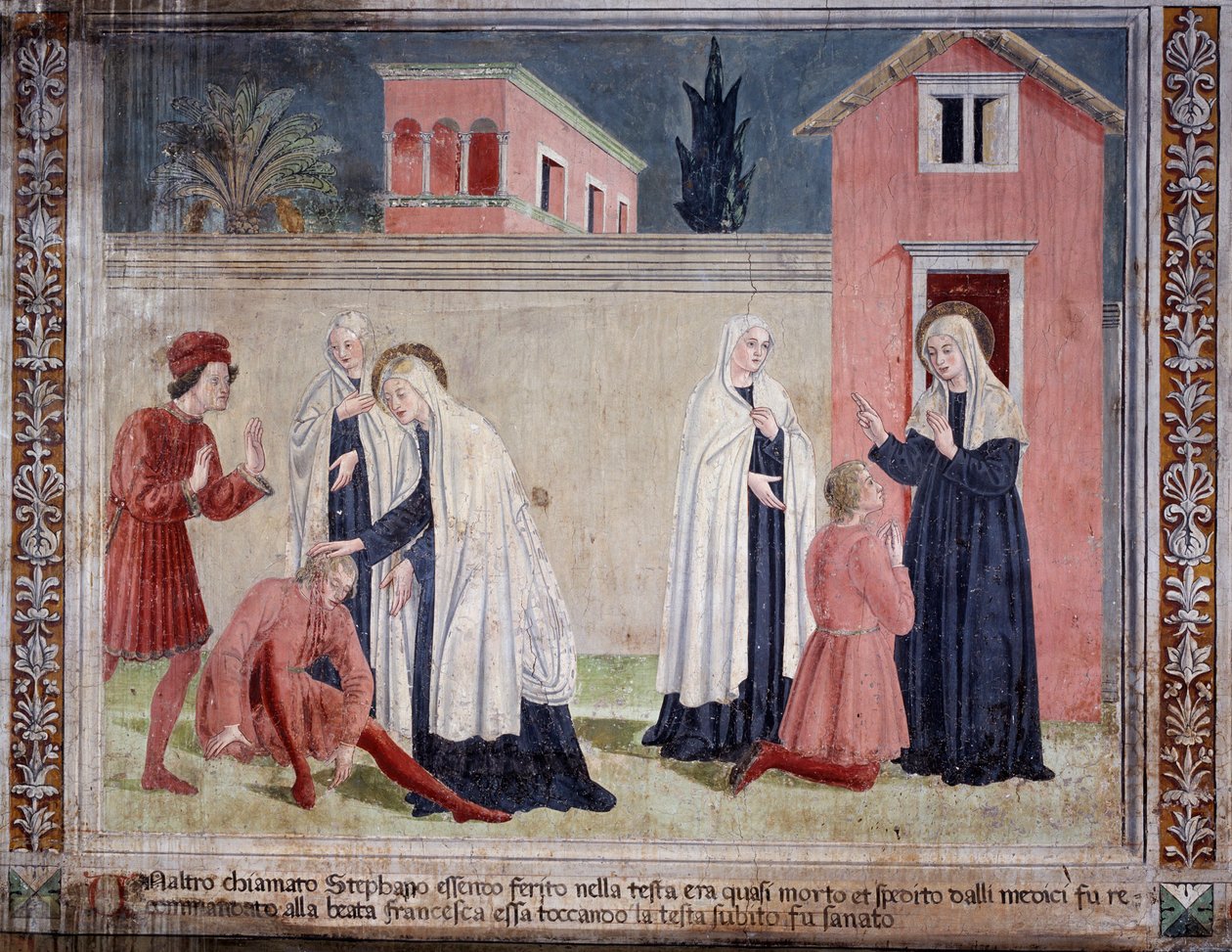 Szent Francesca Romana élete: A szent meggyógyít egy fejen sebesült embert (Fresco alkotó: Antoniazzo Romano