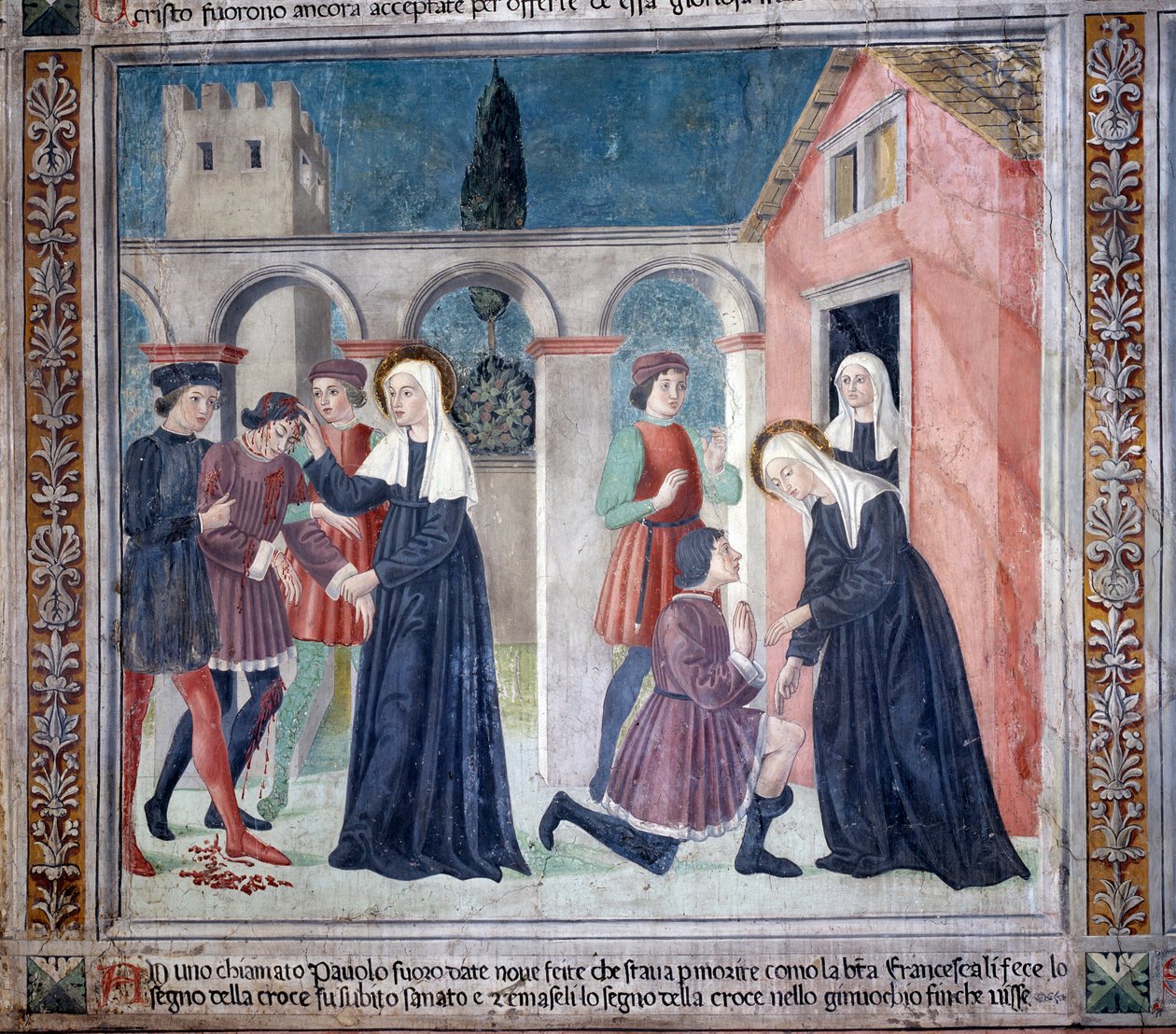 Szent Francesca Romana élete: A szent meggyógyít egy sebesültet (Fresco alkotó: Antoniazzo Romano