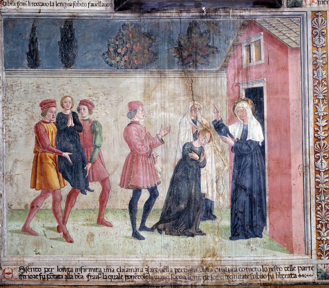 Szent Francesca Romana élete: A szent találkozik egy Jacobella nevű bénult nővel, és megígéri, hogy meggyógyítja (Fresco alkotó: Antoniazzo Romano