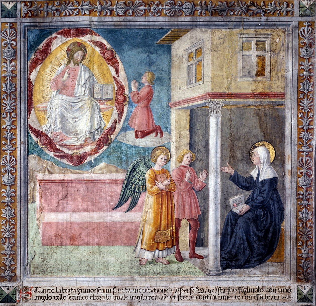 Szent Ferenc Romana élete: A szent fia, akit a bubópestis megölt, megjelenik neki egy angyallal (Fresco alkotó: Antoniazzo Romano