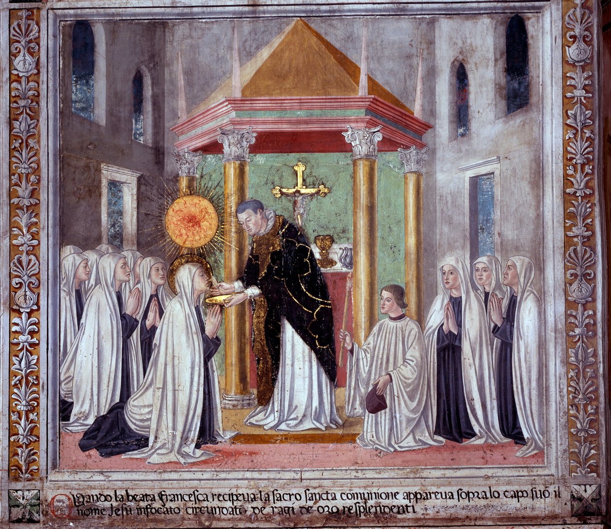 Szent Francesca Romana élete: Amikor a szent úrvacsorát vett, egy ragyogó gömb jelent meg felette (Fresco alkotó: Antoniazzo Romano
