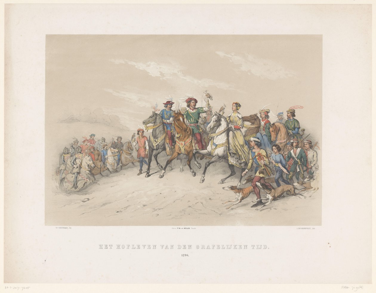 1851-es utrechti maskara: Hofleven 1296-ban A grófi kor udvari élete. 1296 (cím a tárgyon) A nemzeti történelem. a legrégibb időktől a 17. század végéig, nyolc jelenetben, jelmezben ábrázolva H.H. Dtudent alkotó: Antonie Johannes Groeneveldt