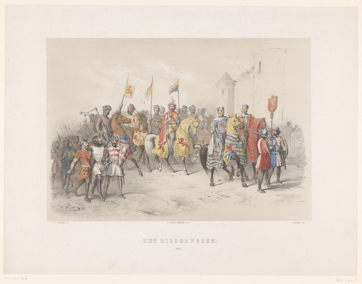 1851-es utrechti maszkabál: lovagrend, 1217 A lovagság, 1217 (cím a tárgyon) A nemzeti történelem. a legrégibb időktől a 17. század végéig, nyolc jelenetben, jelmezben H.H. Az Utrechtsche Hoo diákjai alkotó: Antonie Johannes Groeneveldt
