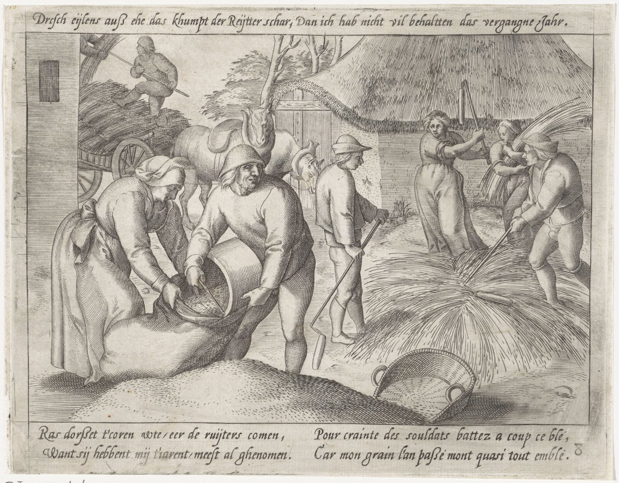 A gabona cséplése Gabonatermesztés (sorozat címe) alkotó: Antonie Wierix (II) (possibly)