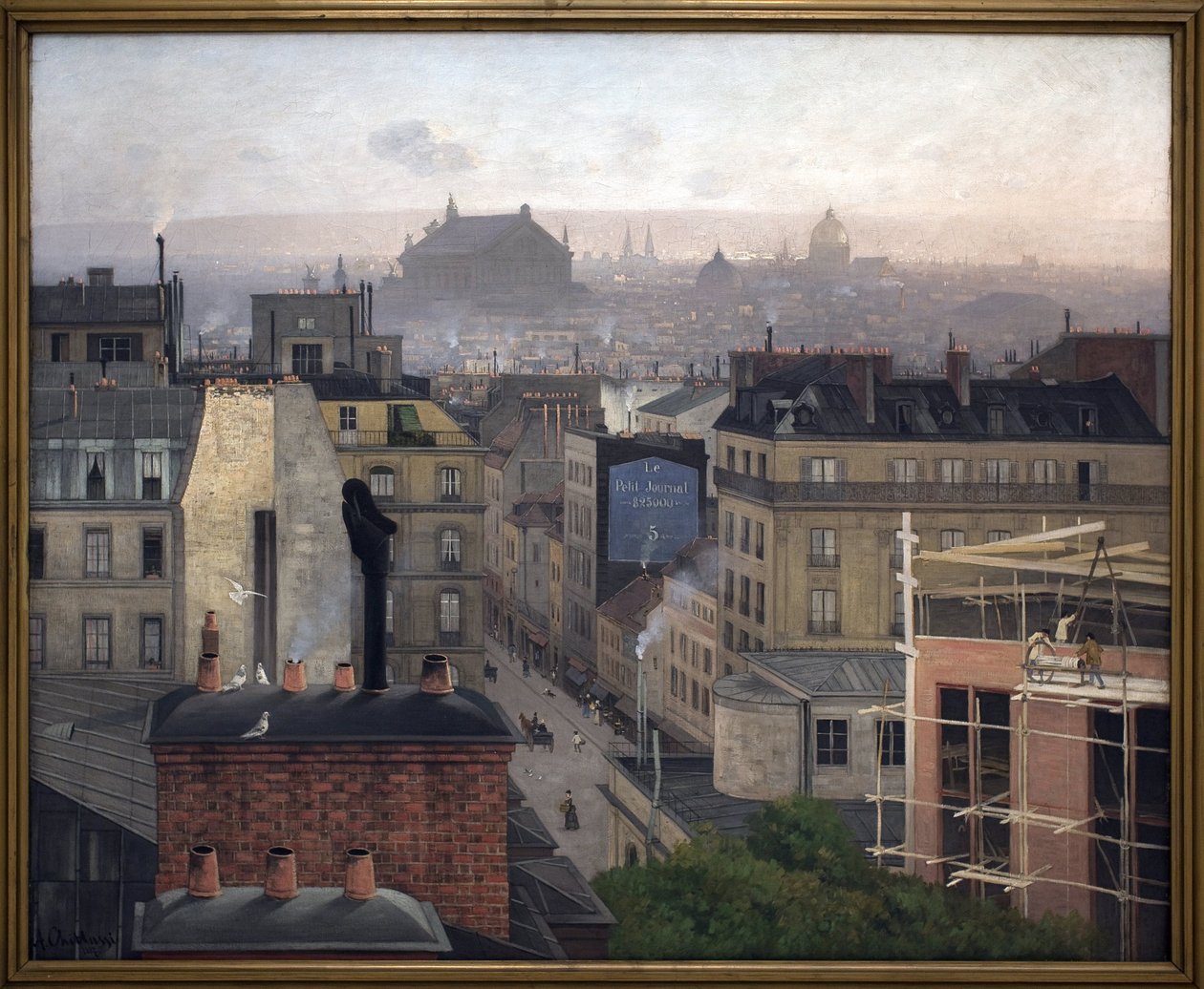 Párizs a Montmartre felől nézve. Az egyik épület falán „A kis újság” hirdetése. Antonin Chitussi (Chittussi) (1847-1891) festménye, olaj, vászon alkotó: Antonin Chittussi