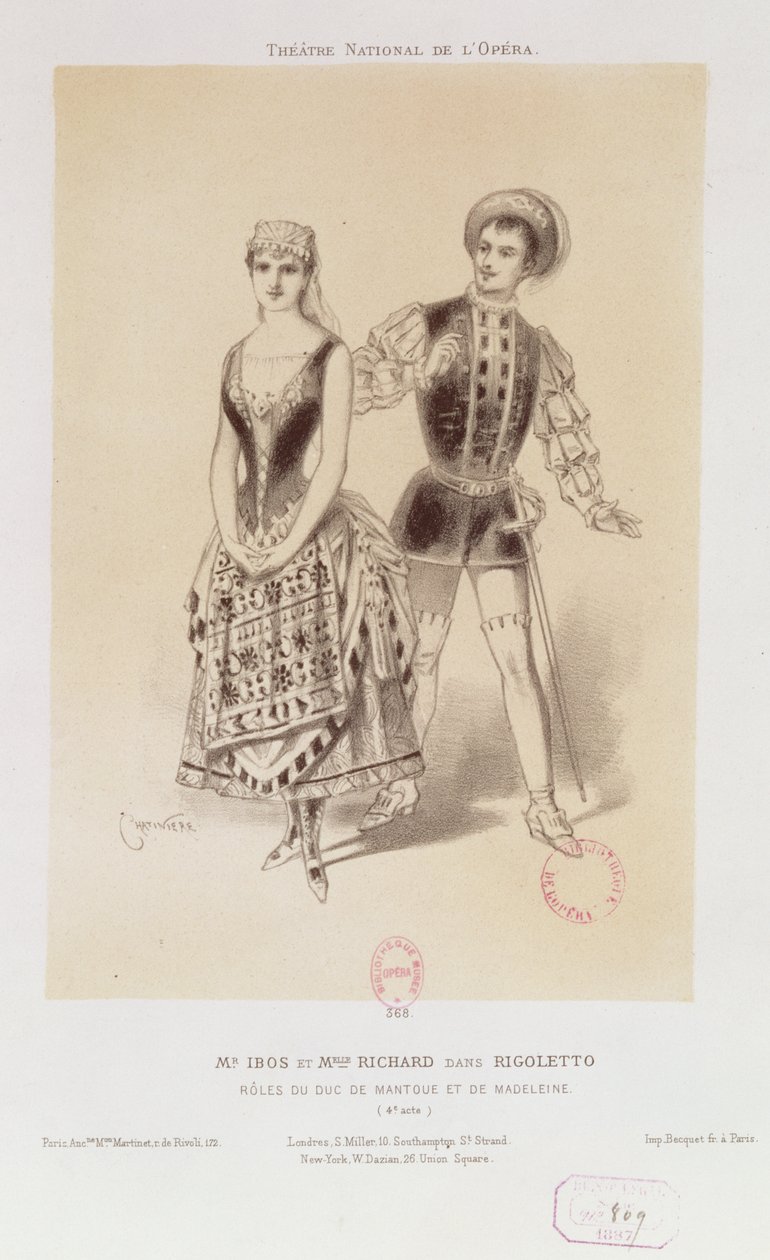 Mr. Ibos és Miss Richard mint Mantua és Magdolna hercege Rigolettóban, Verdi, 1885 alkotó: Antonin Marie Chatiniere