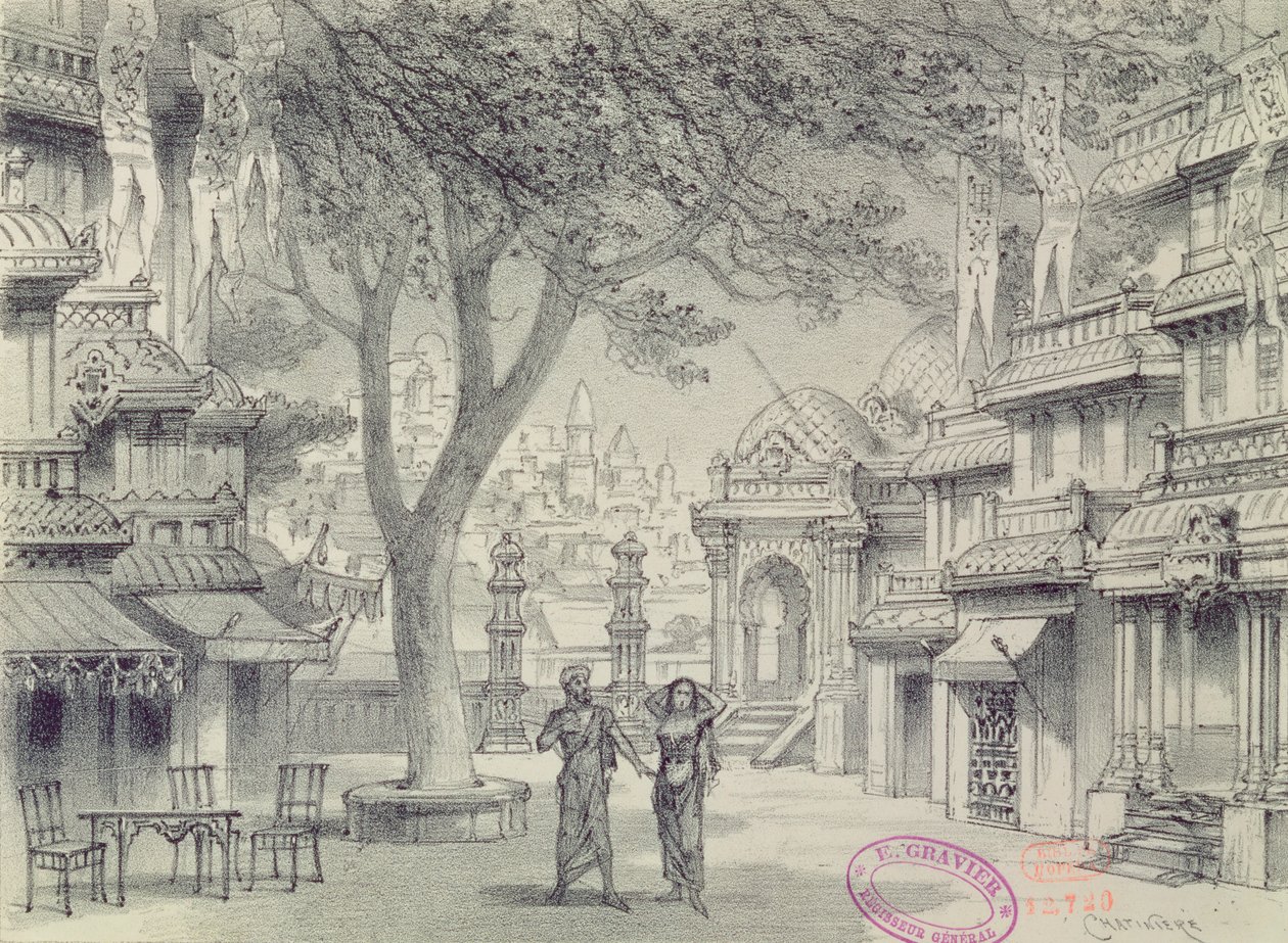 A Lakme című opera II. felvonásának díszletterve, Leo Delibes (1836-91) alkotó: Antonin Marie Chatiniere