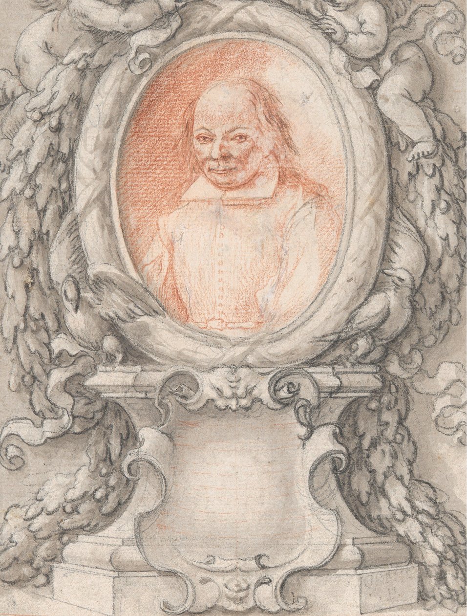 Férfi ovális portréja kidolgozott keretben, kartotussal, kb. 1724. alkotó: Antonino Grano