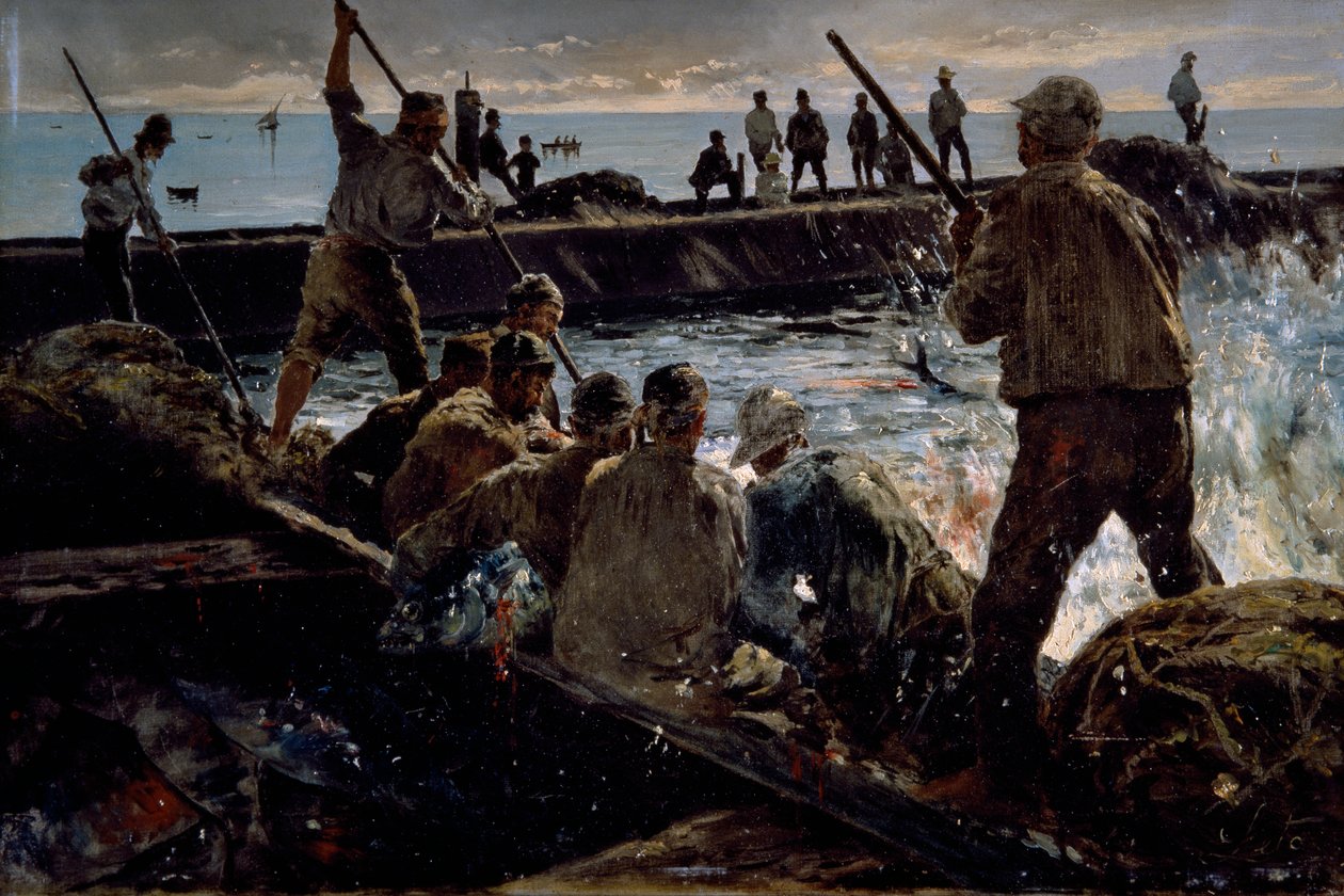 Tonhalvágás, Antonino Leto (1844-1913) festménye, olaj, vászon, 41x62 cm alkotó: Antonino Leto