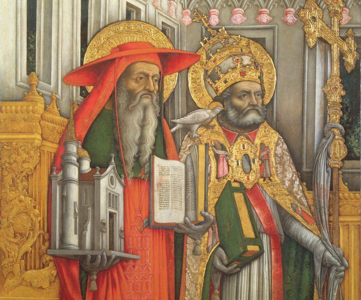 Szent Jeromos és Szent Gergely, a bal oldali tábla részlete a Szent Jeromossal, Szent Gergellyel, Ambrusszal és Augustinnal trónoló Szűzről, 1446 (restaurálás után) (lásd 160893-99). alkotó: Antonio Vivarini