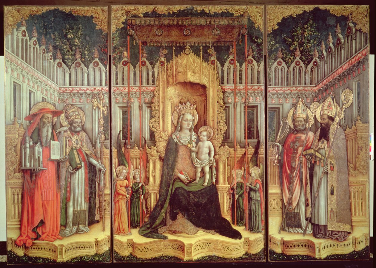A Szent Jeromos, Gergely, Ambrus és Ágoston trónoló szűz, 1446 alkotó: Antonio Vivarini