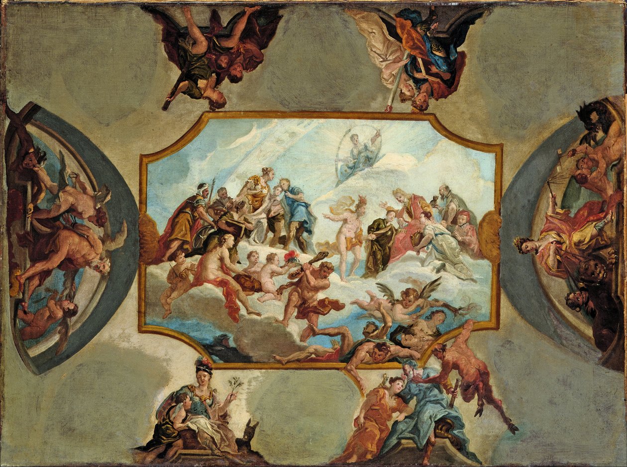 Johann Wilhelm von der Pfalz választófejedelem tisztelete a Bensberg -kastély mennyezeti festményének tervezésében alkotó: Antonio Bellucci