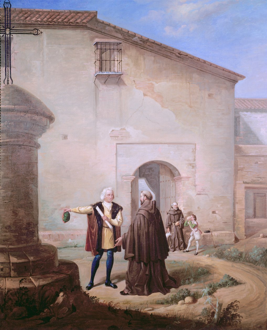 A Santa Maria de la Rabida kolostor ferences szerzetesei kenyeret és vizet adnak Kolumbusz Kristófnak és fiának, Diegónak, 1858. alkotó: Antonio Cabral Bejarano