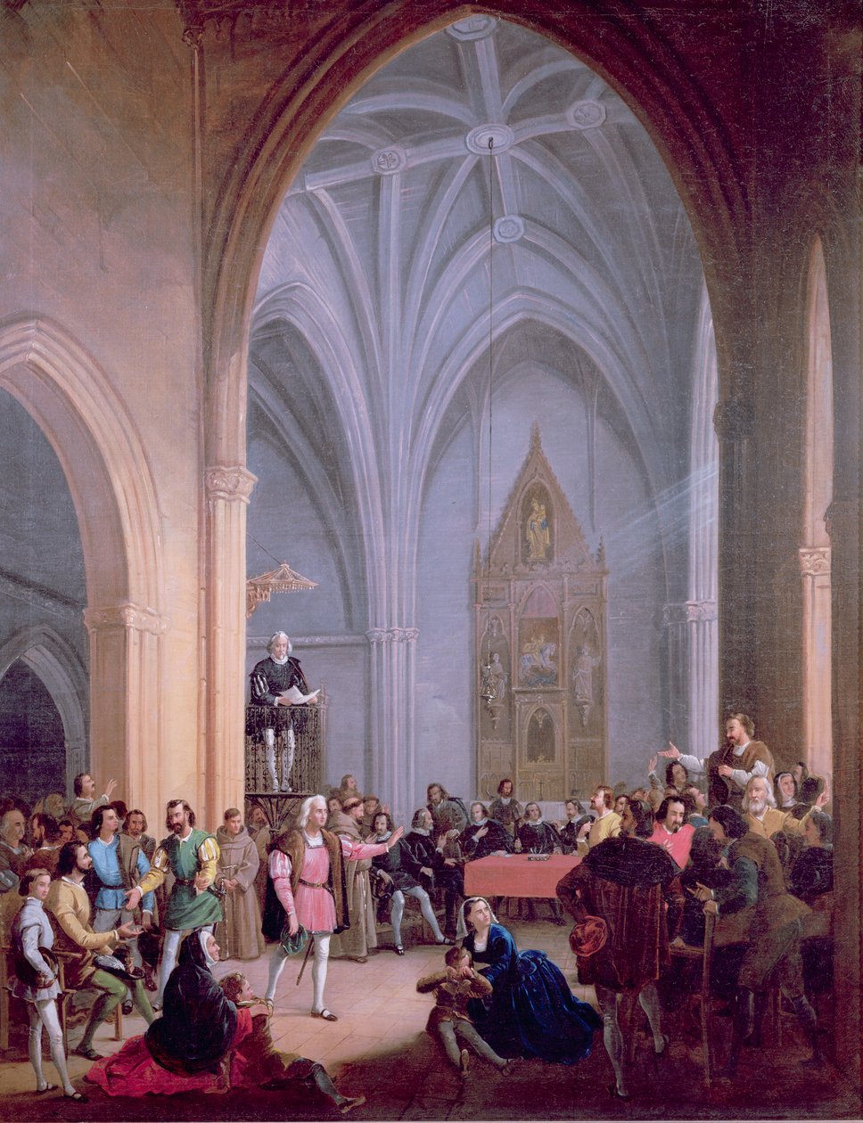 A katolikus királyok levelét, amelyben Palos lakosait arra utasítják, hogy két hajót szállítsanak Kolumbusz Kristófnak, 1492. május 23-án olvassák fel a Szent Jorge templom szószékéről. alkotó: Antonio Cabral Bejarano