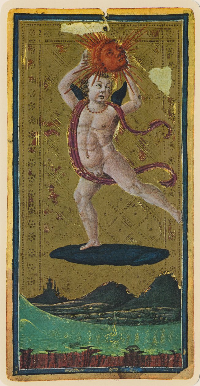 A Nap, egy tarot kártya fakszimile a „Visconti” pakliból, 1441-47 alkotó: Antonio Cicognara