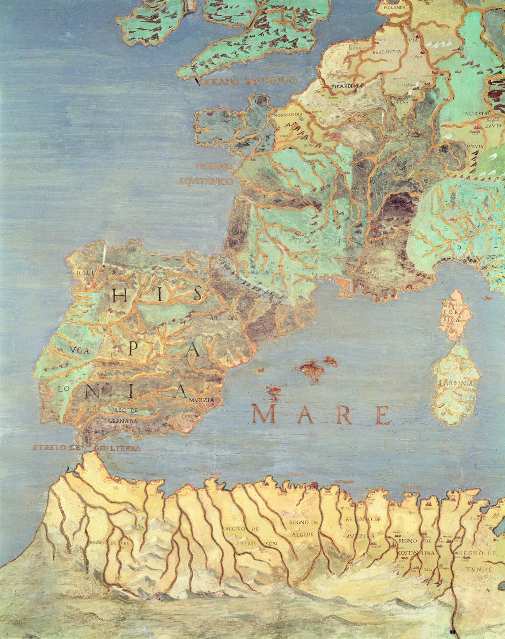 Franciaország, Spanyolország és Északnyugat-Afrika térképe a „Sala Del Mappamondo”-ról (a világtérképek csarnoka) alkotó: Antonio Giovanni de Varese