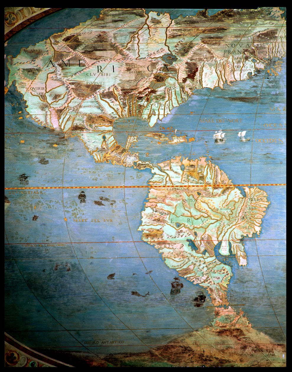 Észak- és Dél-Amerika térképe a „Sala Del Mappamondo”-ról (a Világtérképek csarnoka, 1574-75 körül) alkotó: Antonio Giovanni de Varese