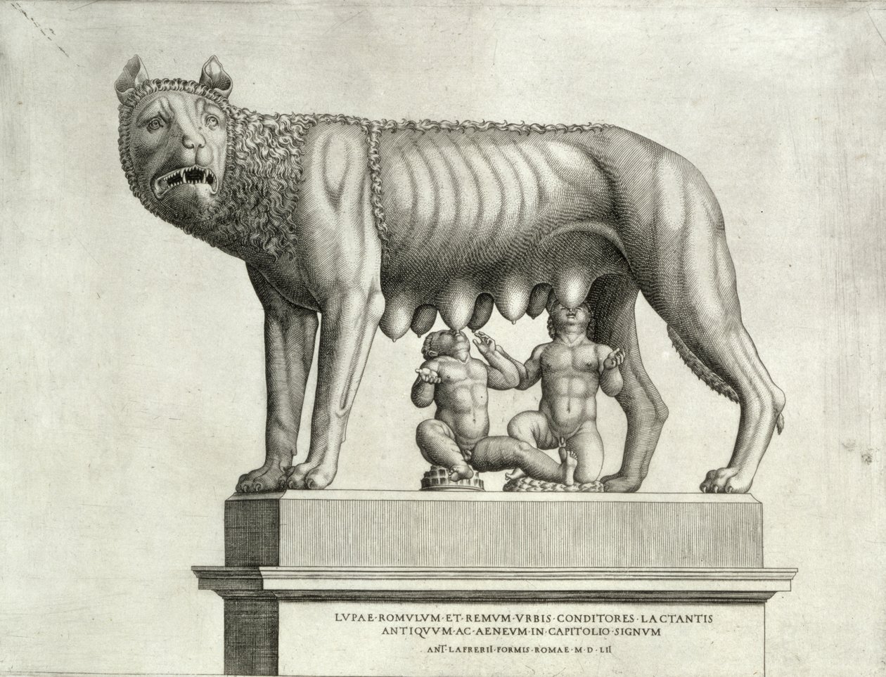 Rajz az etruszk bronzról a szoptató Romulust és Remust ábrázoló nőstény farkasról, Kr.e. 5. század, a Capitolium Múzeumban, 1552 alkotó: Antonio Lafreri