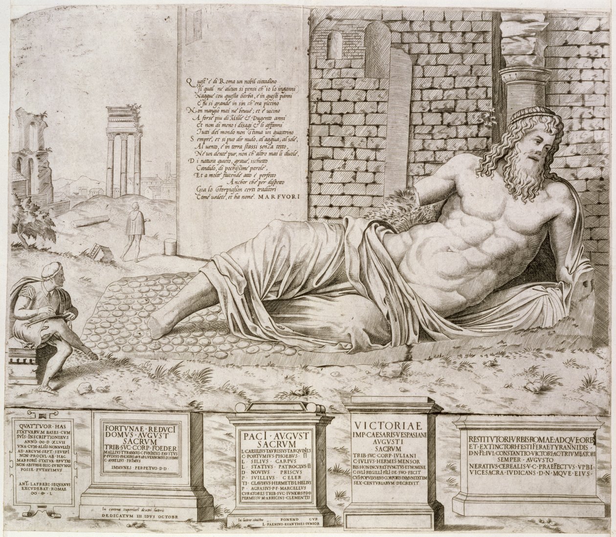 Marforio „beszélő” szobra Rómában, a művész által metszett, 1550 alkotó: Antonio Lafreri