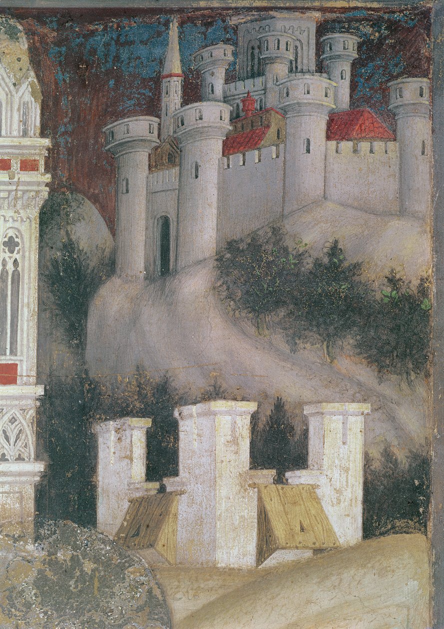 Részlet az építészetről Szent György és Trebizond hercegnője jobb oldalán, 1433-38 körül (60797. részlet) alkotó: Antonio Pisanello