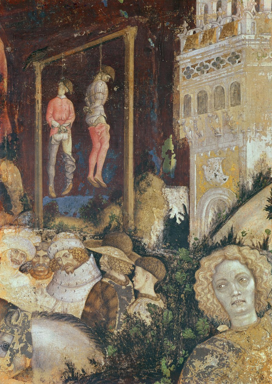 Az akasztófa részlete Szent György és Trebizond hercegnőjének bal oldalán, 1433-38 körül (60797. részlet) alkotó: Antonio Pisanello
