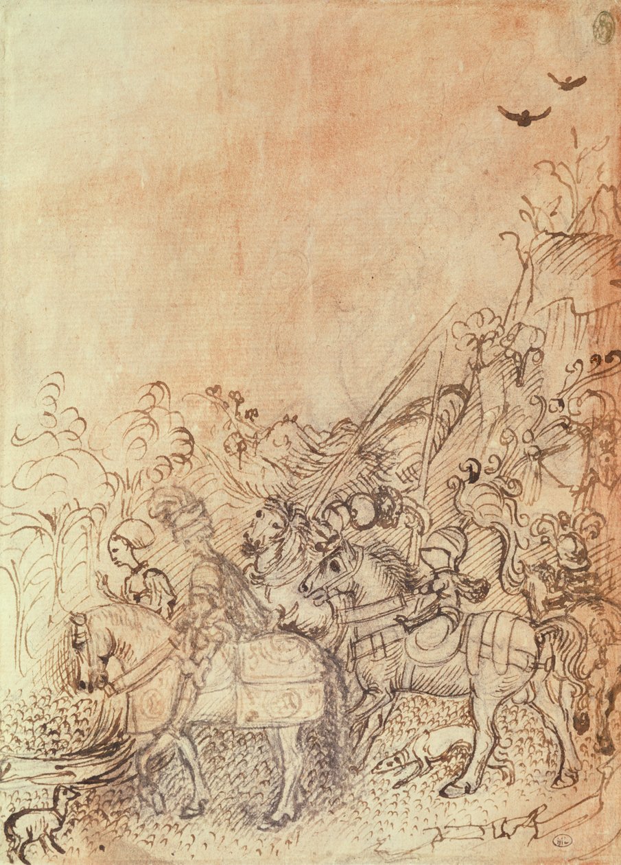 Gonzague János és udvaroncai hegyvidéki tájon, a Vallardi albumból alkotó: Antonio Pisanello