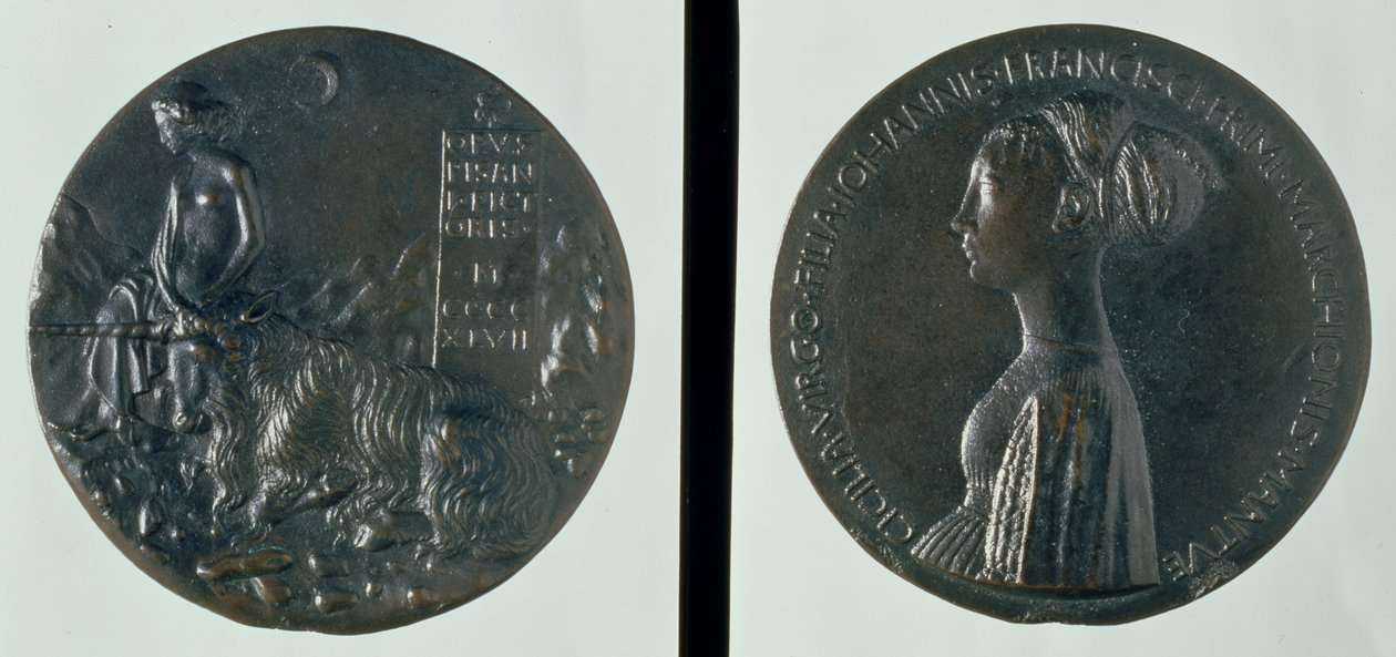 Portréérem, előlap Cecilia Gonzagát ábrázoló, hátlap női alakot és egyszarvút ábrázol, 1447 (bronz) alkotó: Antonio Pisanello