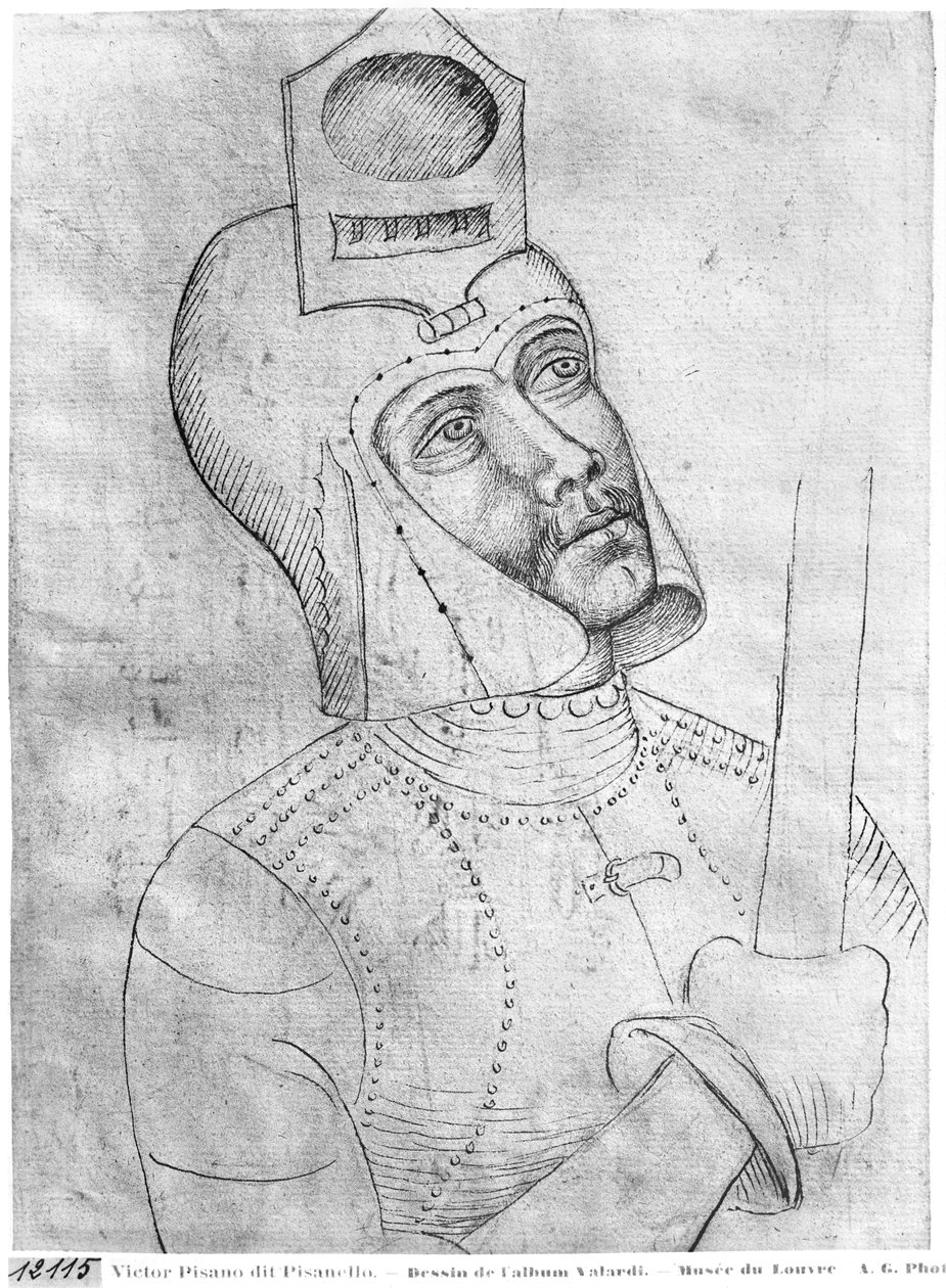 Katona napellenzős sisakot viselő, a Vallardi albumból alkotó: Antonio Pisanello