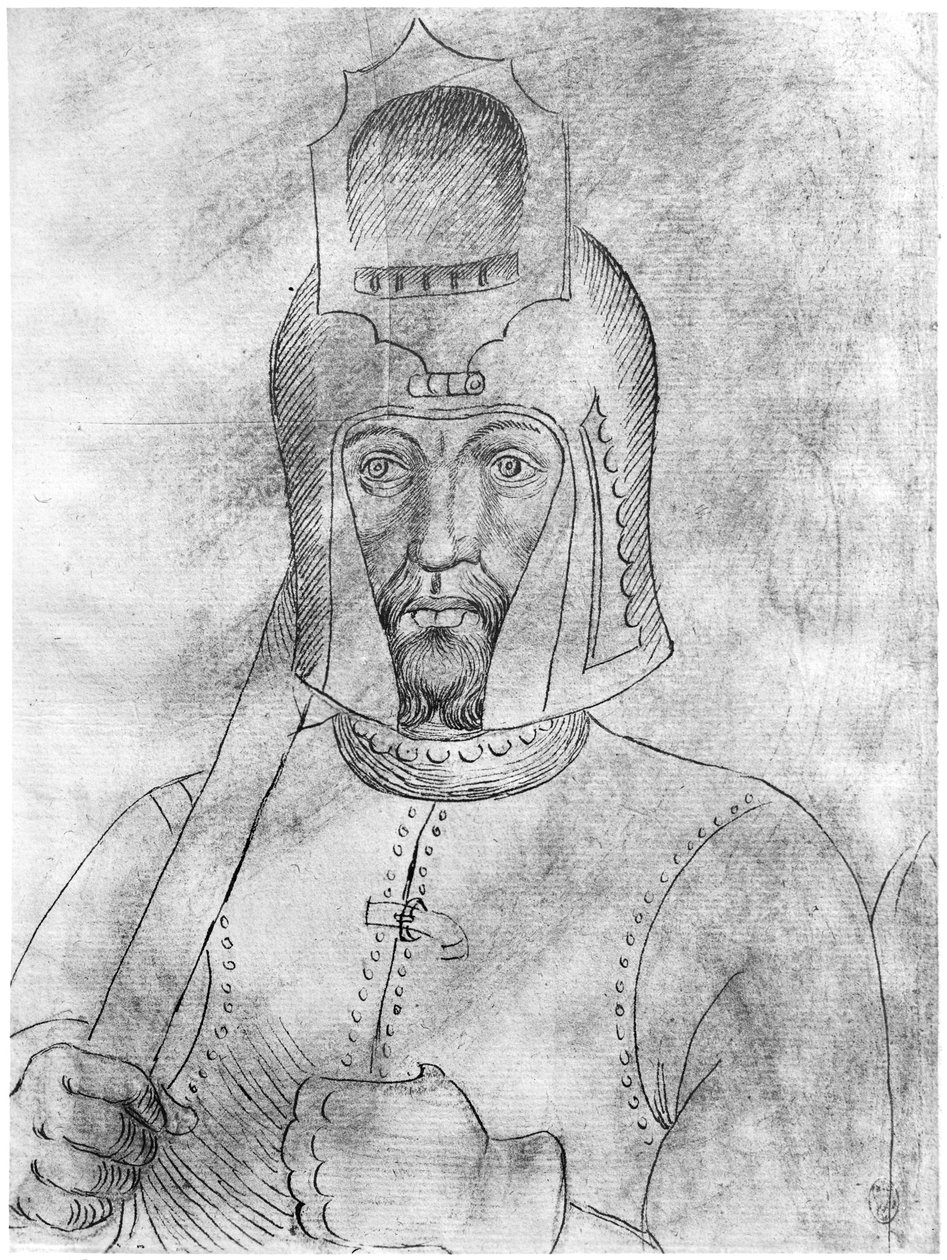 Katona napellenzős sisakot viselő, a Vallardi albumból alkotó: Antonio Pisanello