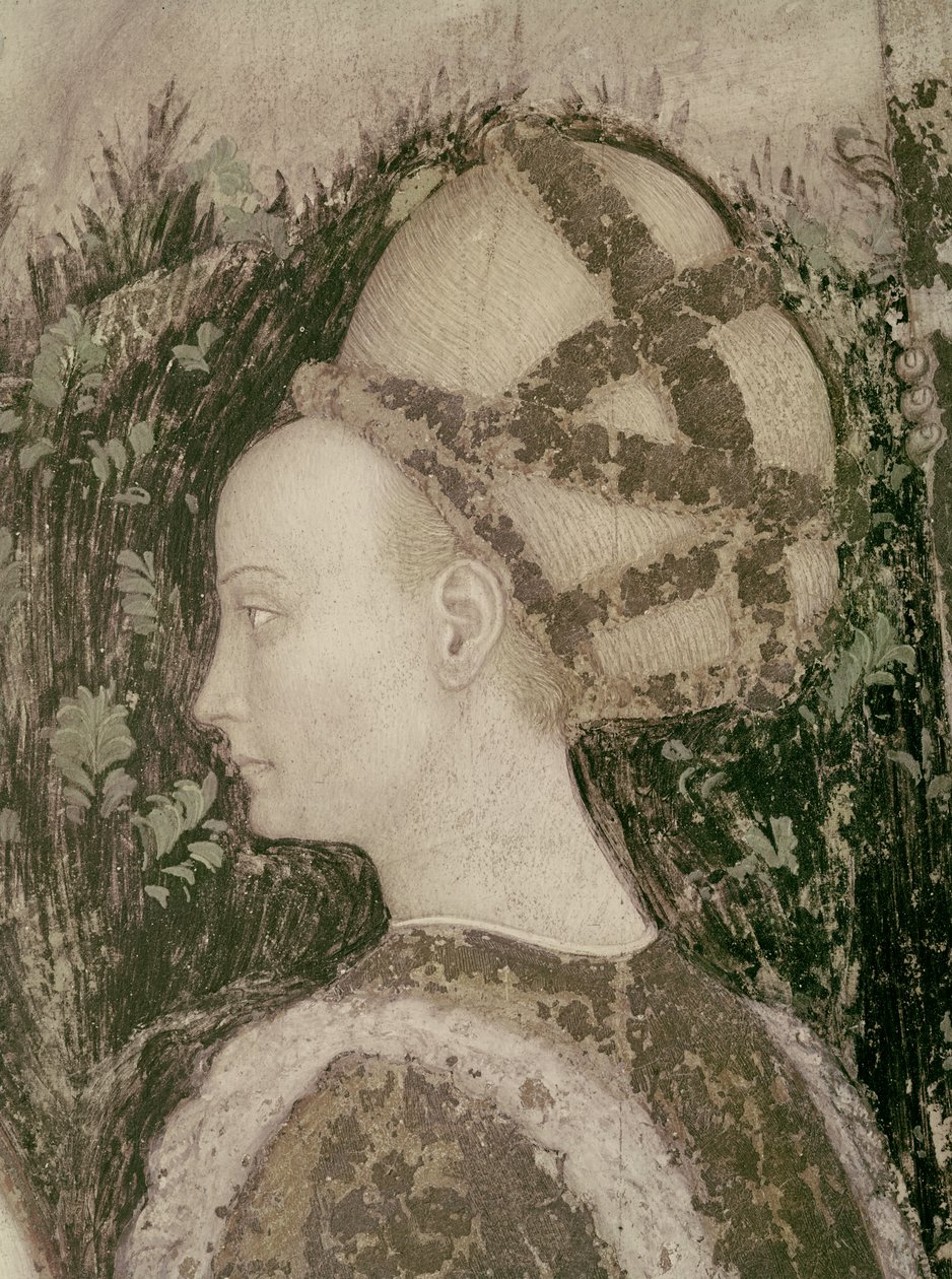 Szent György és Trebizond hercegnője, részlet a hercegnő fejéről, 1433-38 körül alkotó: Antonio Pisanello