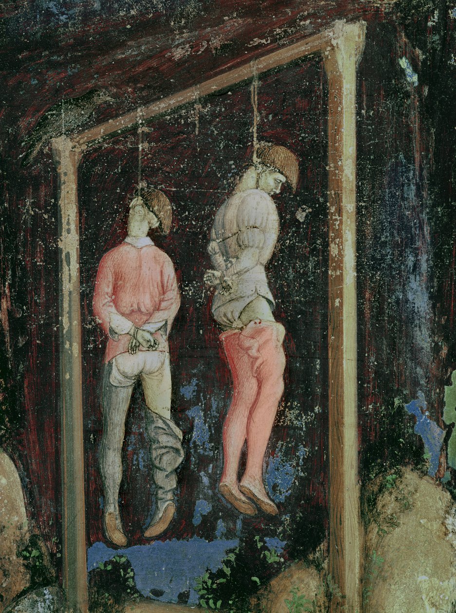 Szent György és Trebizond hercegnője, két akasztós férfi részlete a bal oldalról, 1433-38 körül alkotó: Antonio Pisanello