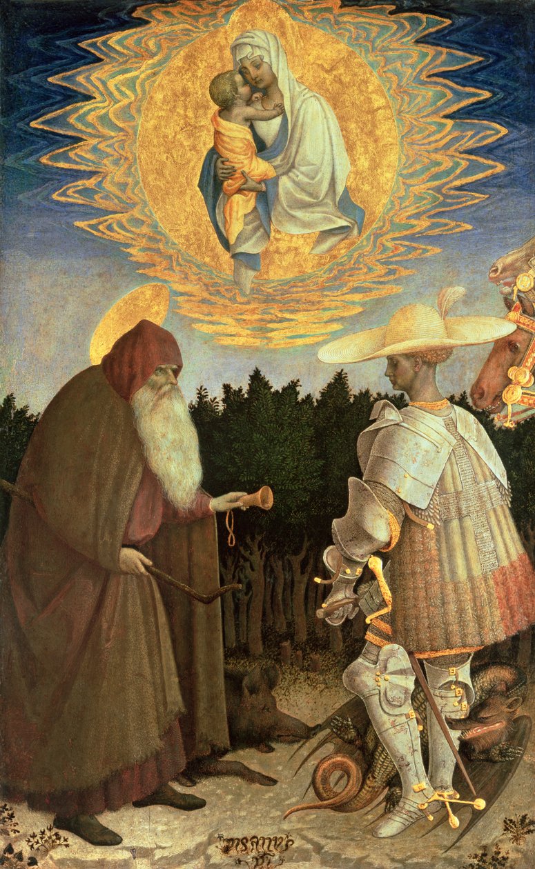 Szűz és gyermek Szent Györggyel és Szent Antal apáttal (tojástempera nyárfán) alkotó: Antonio Pisanello
