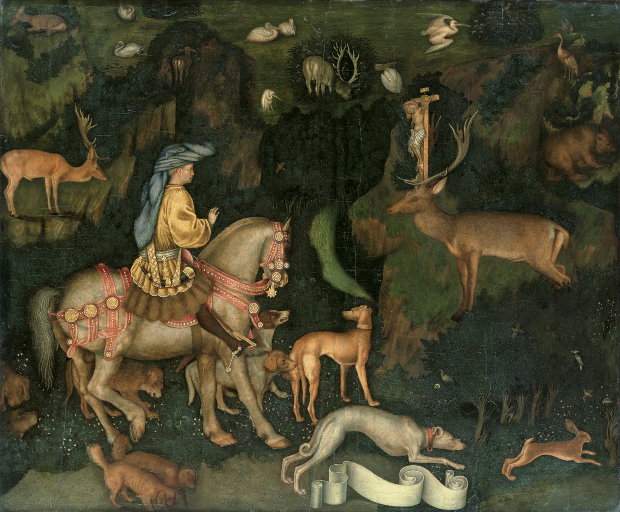 Szent Eustachius látomása, 1438-42 körül (tojástempera fán) alkotó: Antonio Pisanello