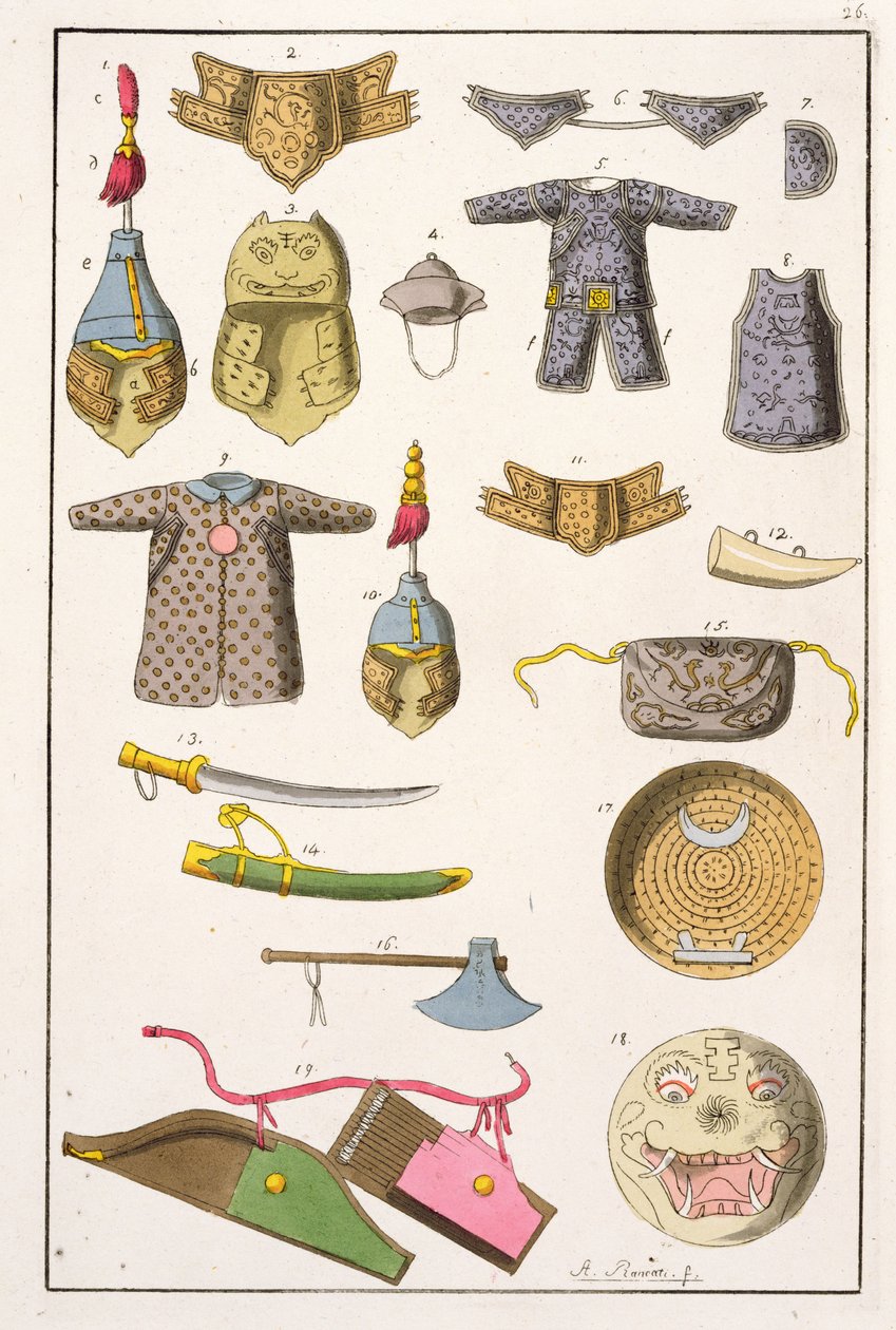 Kínai katonai fegyverek és ruházat, illusztráció Giulio Ferrario „Le Costume Ancien et Moderne” című művéből, megjelent az 1820-as és 30-as évek körül alkotó: Antonio Rancati