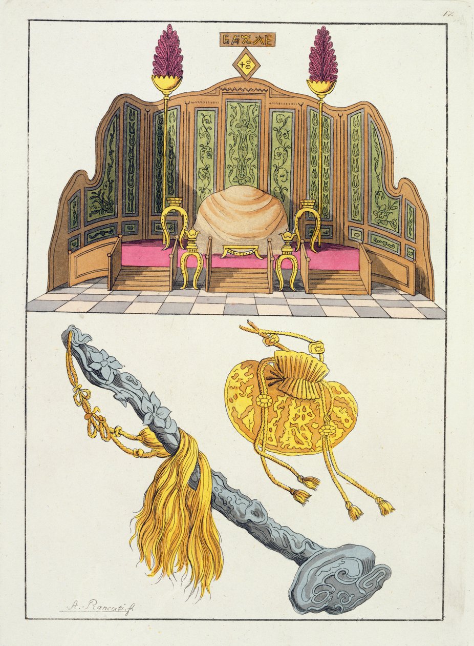 Egy kínai császár trónja, Yo-yo jogar és sapka, illusztráció Giulio Ferrario "Le Costume Ancien et Moderne" című művéből, kiadva az 1820-30-as évek körül. alkotó: Antonio Rancati