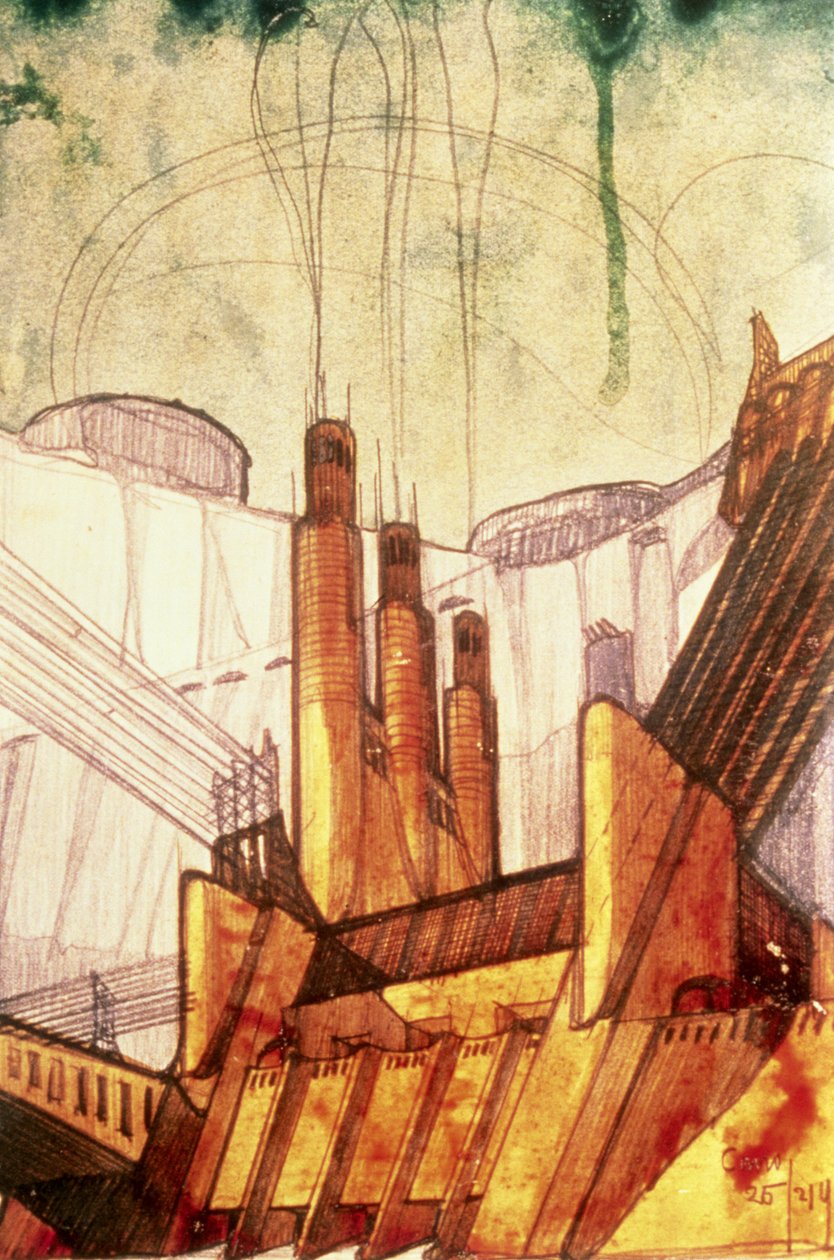 Villamos Erőmű, 1914 (toll és tinta, ceruza, papíron) alkotó: Antonio SantElia